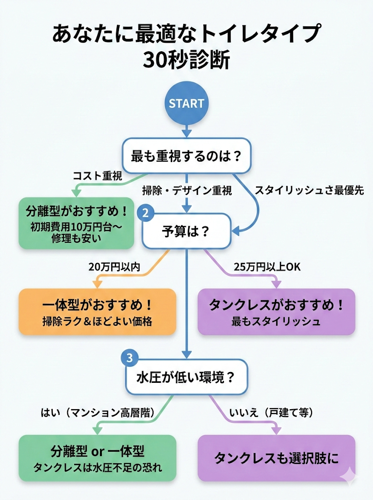 分離型・一体型・タンクレスの30秒診断
