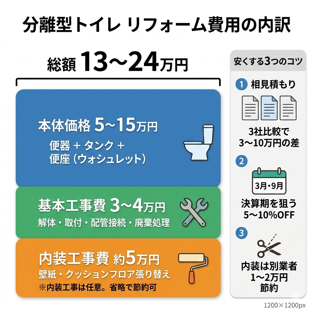 分離型トイレのリフォーム費用の内訳と相場