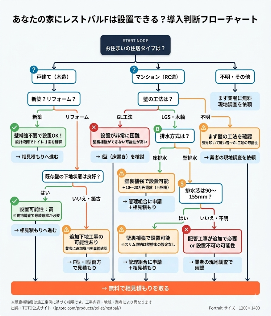 住居タイプ・壁工法・排水方式からレストパルFの設置可否を判断するフローチャート。戸建て木造は補強不要、マンションGL工法は設置困難