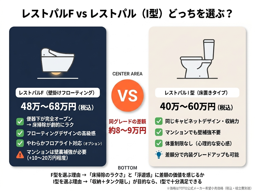 レストパルF（壁掛け48万〜68万円）とレストパルI型（床置き40万〜60万円）の価格・特徴を比較したカード型インフォグラフィック。同グレード差額は約8〜9万円