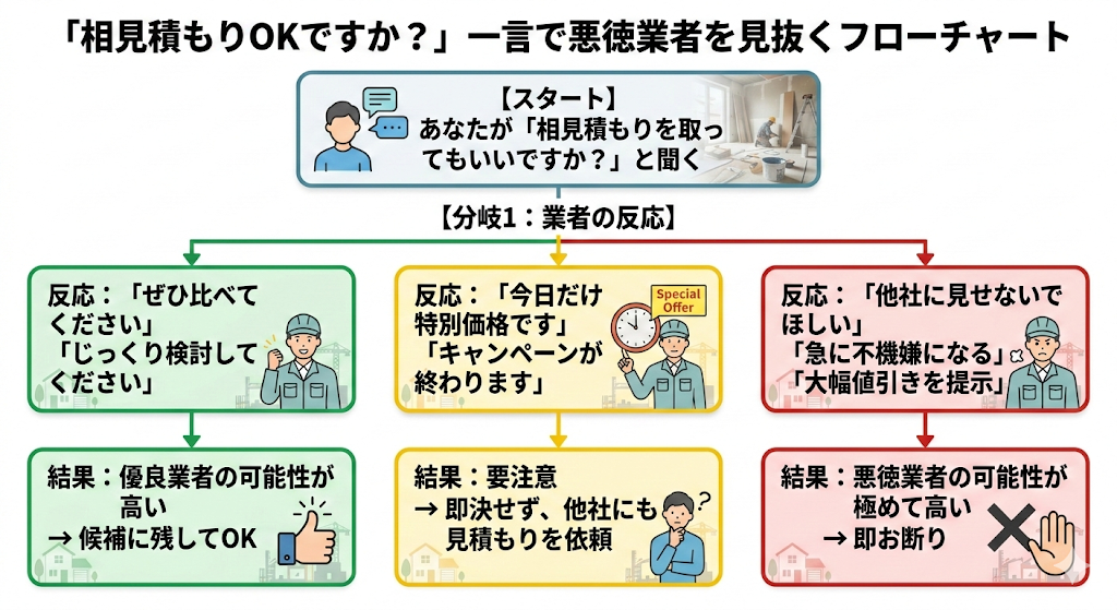 「相見積もりOKですか?」→業者の反応で分岐→「ぜひ比べてください」=優良候補/「今日だけの特別価格」=要注意/「不機嫌・話をそらす」=即アウト
