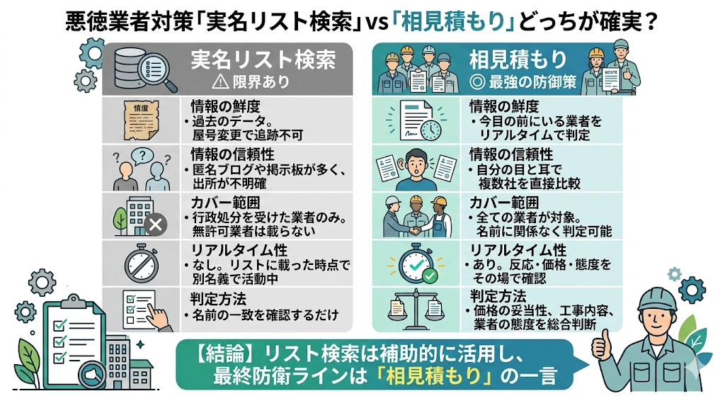「リスト検索 vs 相見積もり 効果比較図」左:実名リスト=過去情報・屋号変更に弱い・匿名情報で信憑性△ / 右:相見積もり=リアルタイム・複数社の価格と反応を直接比較・悪徳業者が自ら撤退する